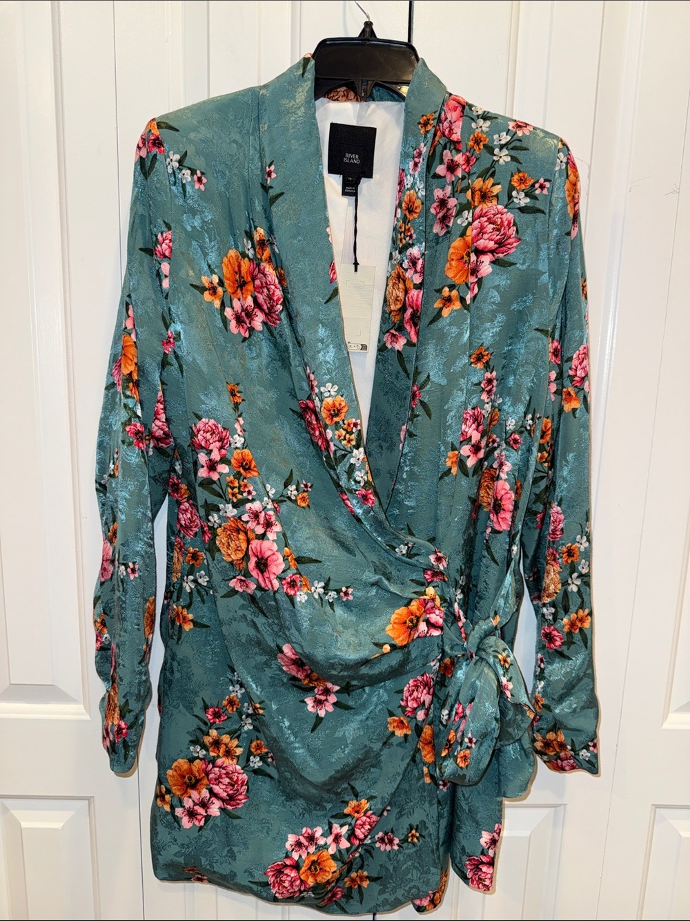 River Island Teal Floral Wrap dress with Pink & Orange Flowers